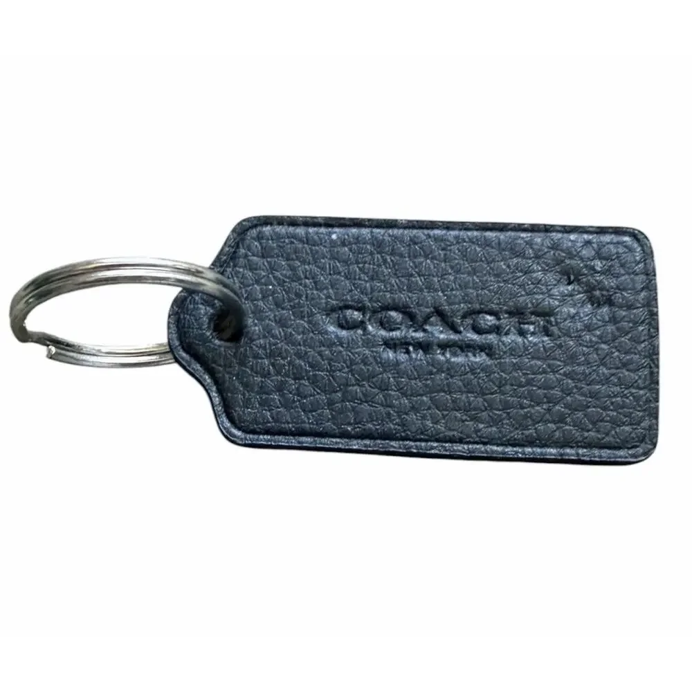 Coach New York Black Pebbled Leather Key Fob Keychain Key Ring Logo Tag